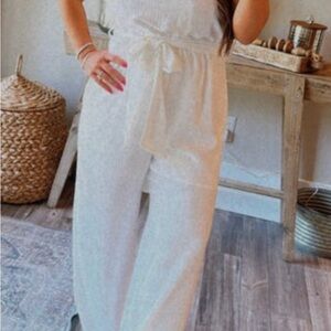 White Birch White Linen-Look Jumpsuit with Tie Waist